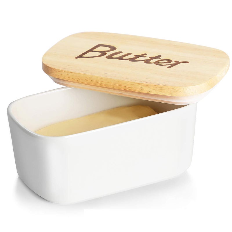 GDCZ Ceramics Butter Dish with Wooden Lid- Large Covered Butter Holder for Countertop, Butter Keeper Container Perfect for Holds 2X 4oz West/East Coast Butter, White - Image 1